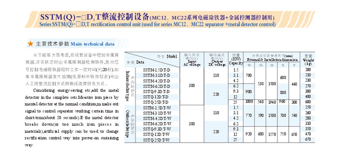 SSTM(Q)2-□D/T系列整流控制設(shè)備(MC12/MC22系列電磁除鐵器+金屬控測(cè)器控制用)